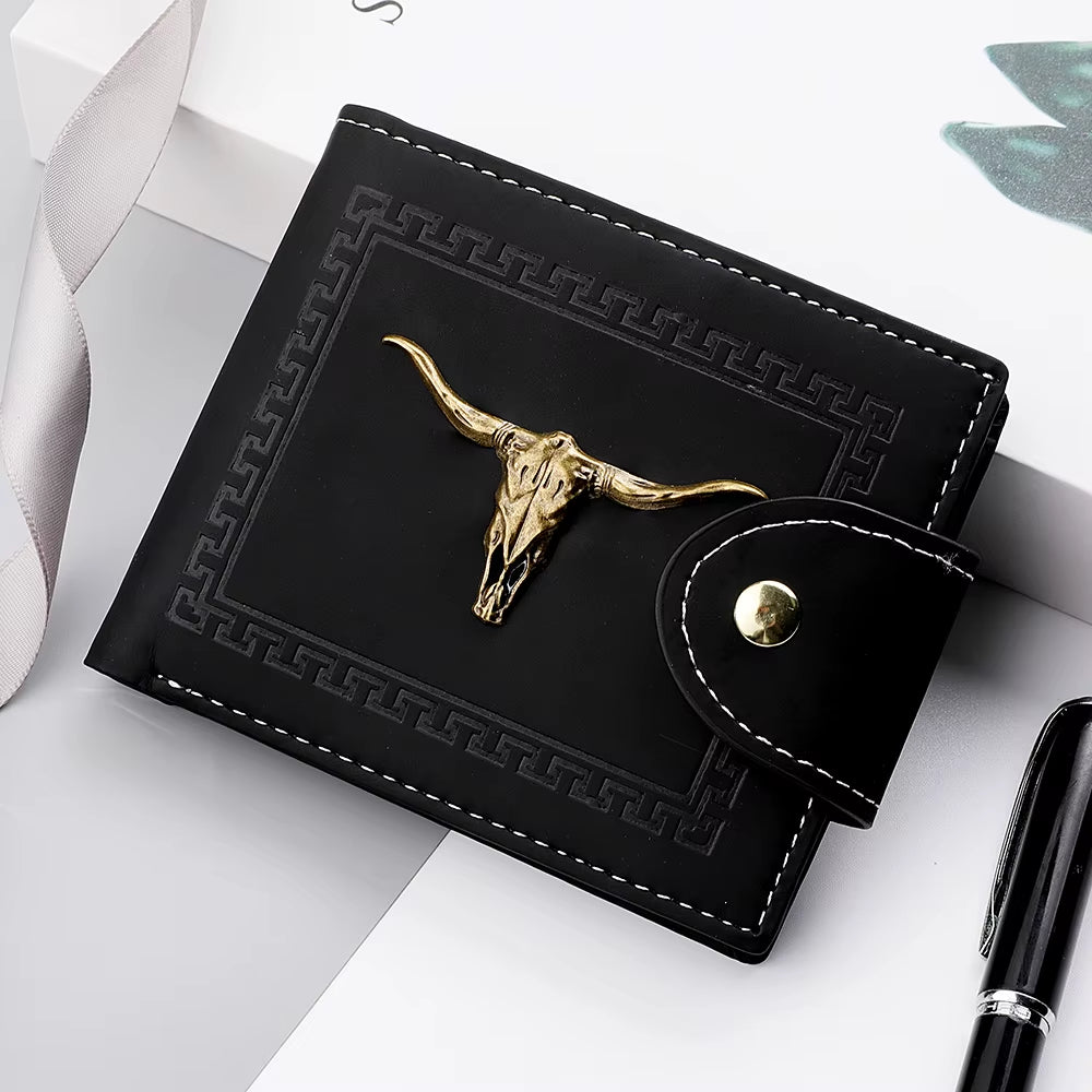 Fashion Oxhead Wallet for Men, Zipper Snap Coin Credit Card Bag, Frosted Leather Clip for Men Gift