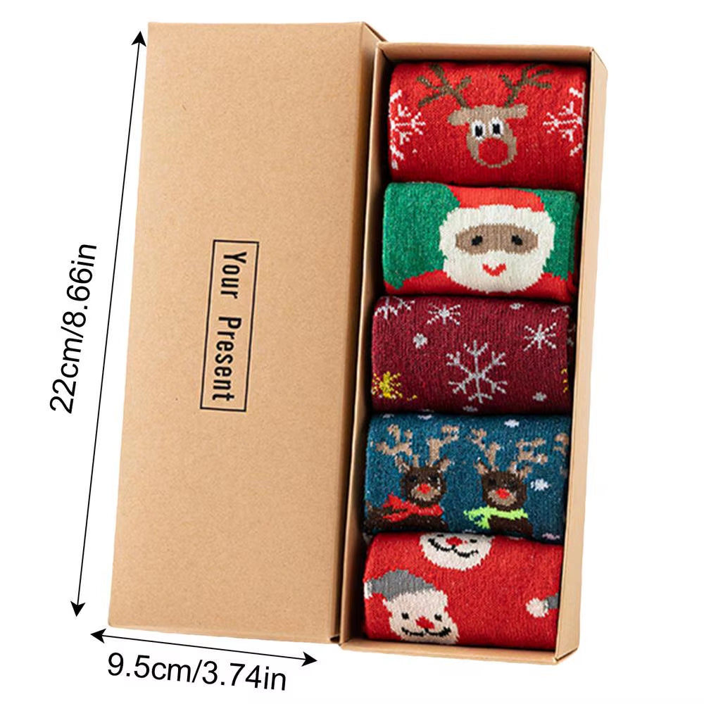 Christmas Socks 5Pairs Wool Socks Mid-Tube Socks Fun Cute Socks with Santa Reindeer Pattern Women'S Christmas Theme Gift Box