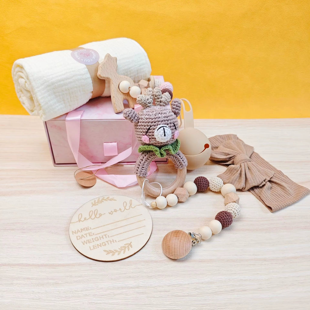 Baby Shower Gift Set with Deer Teething Pacifier Chain Baby Rattle Toys Blanket New Born Baby Gift Set