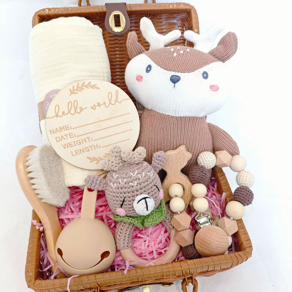Baby Shower Gift Set with Deer Teething Pacifier Chain Baby Rattle Toys Blanket New Born Baby Gift Set