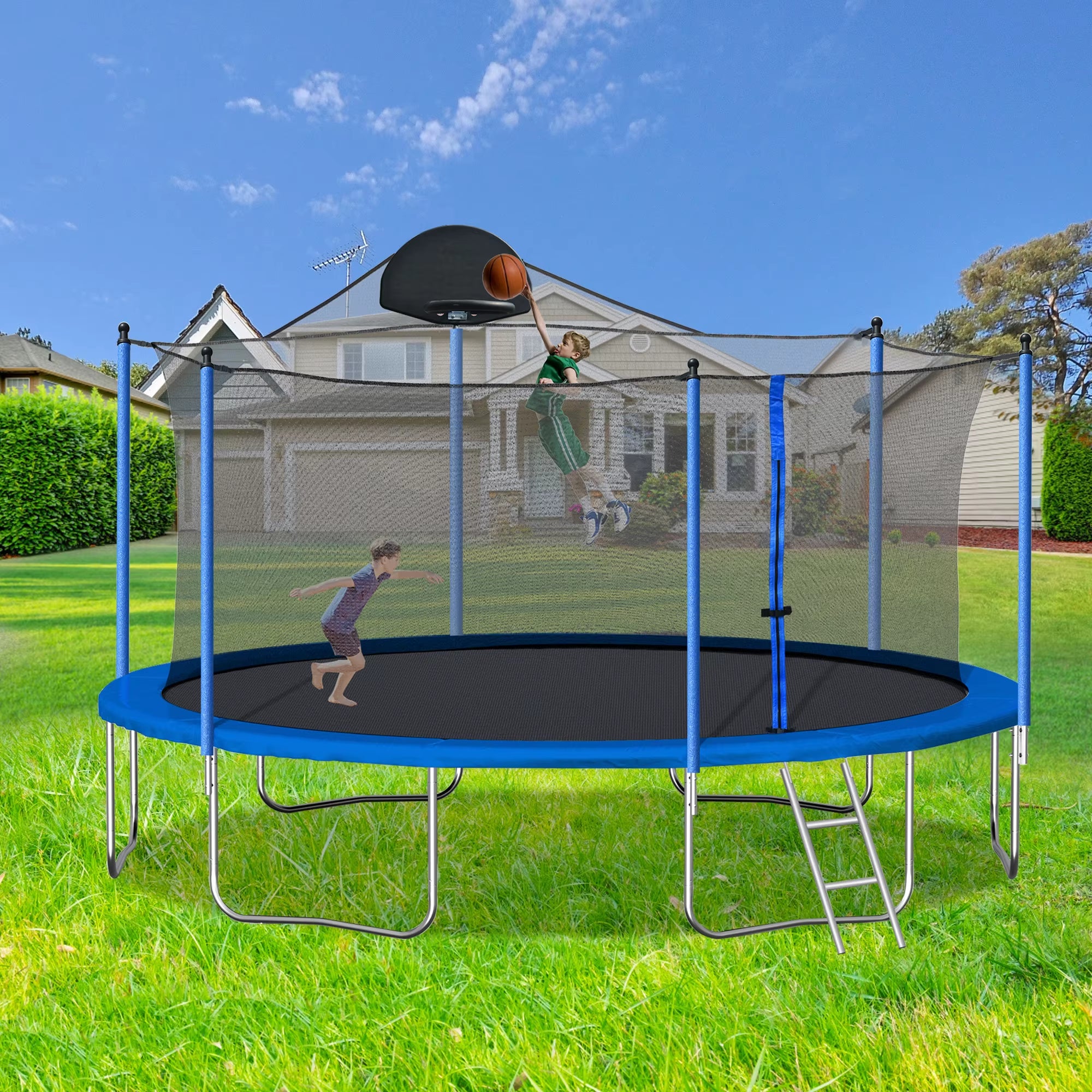 14FT Trampoline with Backboard, Outdoor Pumpkin Trampoline with Enclosure Net and Ladder for Kids Teens Grown-Ups Park