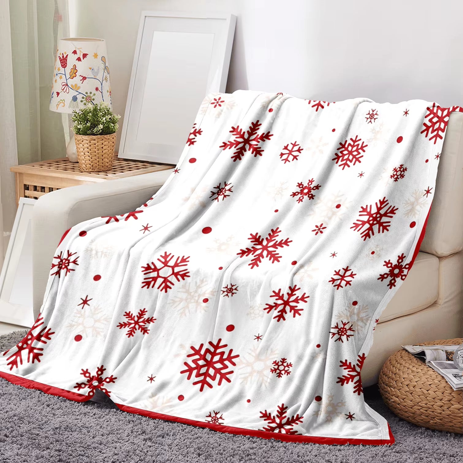 Red Snowflake Blanket Christmas Throw Blanket Winter Holiday Bed Blanket Super Soft Flannel Fleece Blanket Cozy Fuzzy Plush