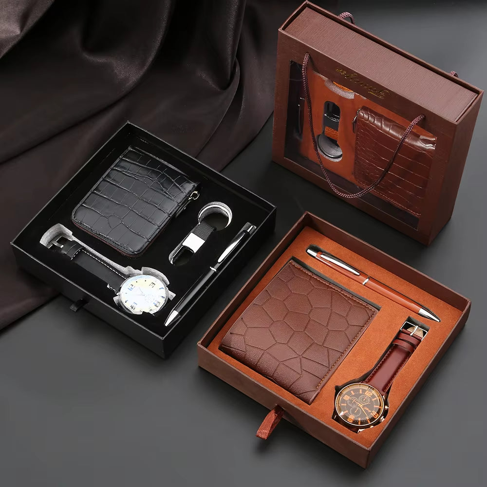 2025 Men Gift Set with Box Watch Wallet Keychain Tie Ballpoint Pen Brithday Anniversary Father'S Day Business Gift Set Wholesale