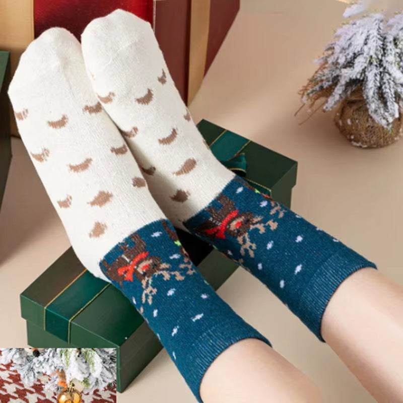 Christmas Socks 5Pairs Wool Socks Mid-Tube Socks Fun Cute Socks with Santa Reindeer Pattern Women'S Christmas Theme Gift Box