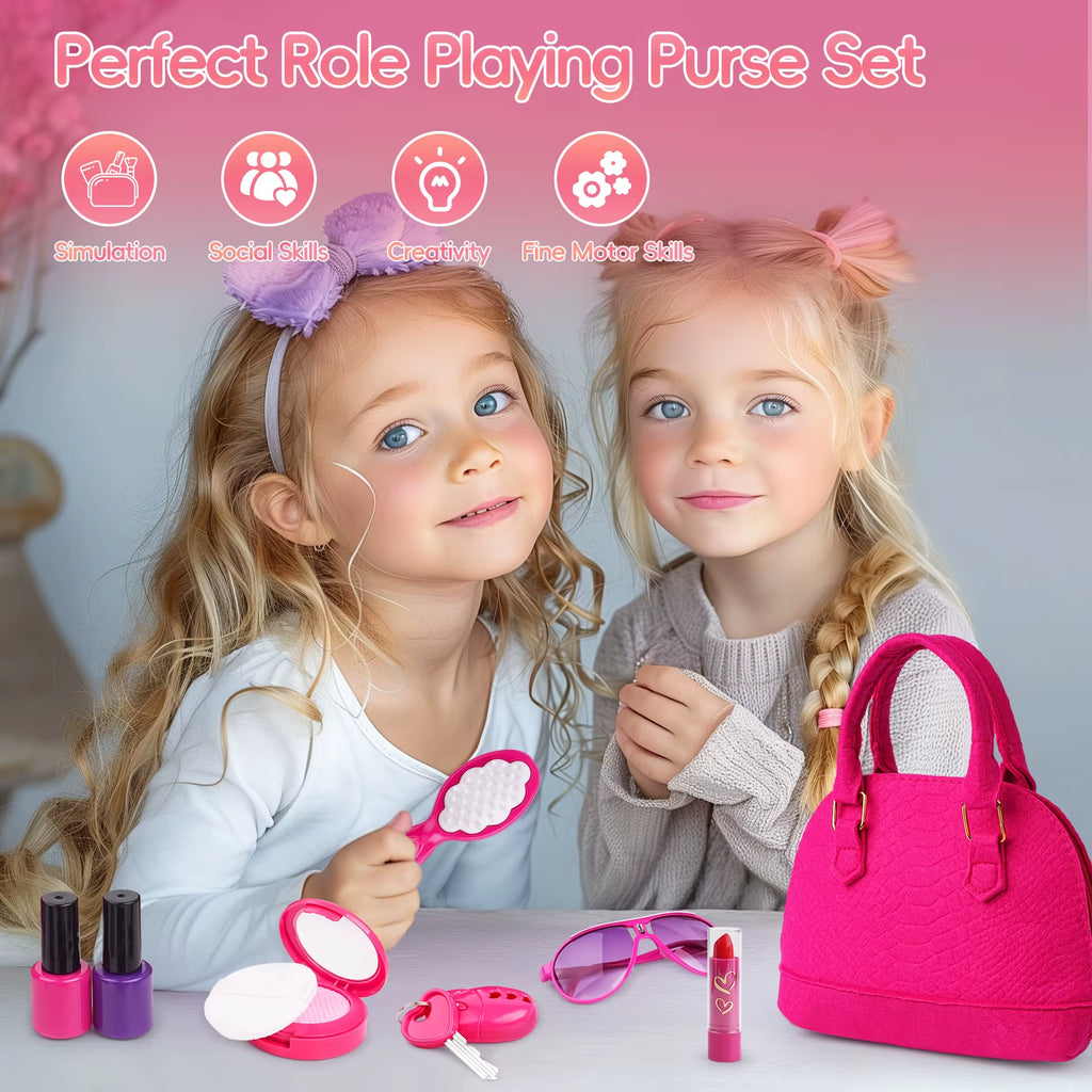 Play Purse for Little Girls, 23PCS Toddler Purse with Pretend Makeup for Toddlers, Princess Toys Includes Handbag, Phone, Wallet