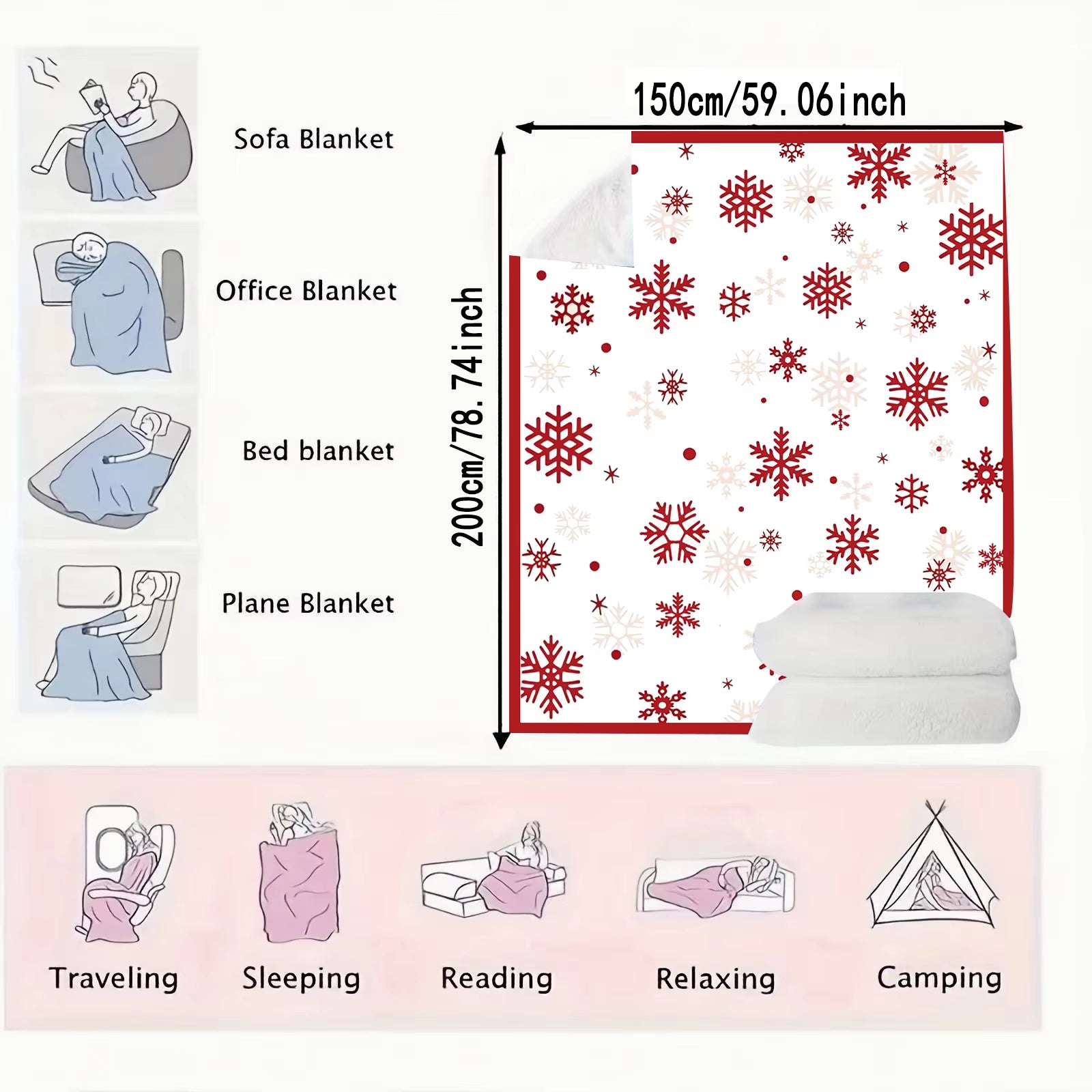 Red Snowflake Blanket Christmas Throw Blanket Winter Holiday Bed Blanket Super Soft Flannel Fleece Blanket Cozy Fuzzy Plush
