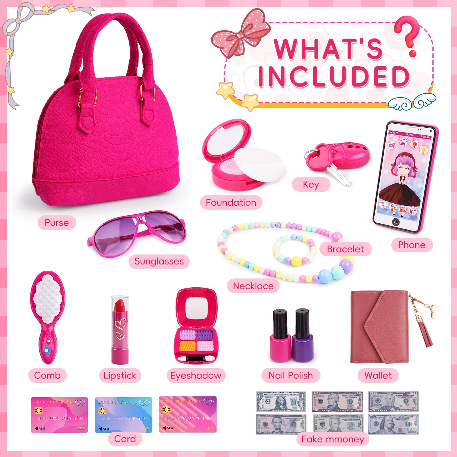 Play Purse for Little Girls, 23PCS Toddler Purse with Pretend Makeup for Toddlers, Princess Toys Includes Handbag, Phone, Wallet