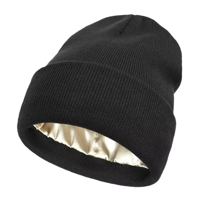 New Unisex Winter Hat Silk Satin Lined Beanies Men and Women Two-Sided Protective Hair Style Warm Knitted Hat Woolen Hat