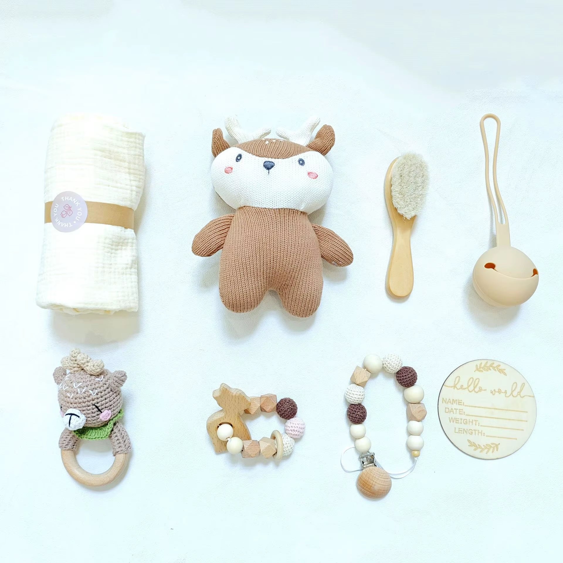Baby Shower Gift Set with Deer Teething Pacifier Chain Baby Rattle Toys Blanket New Born Baby Gift Set