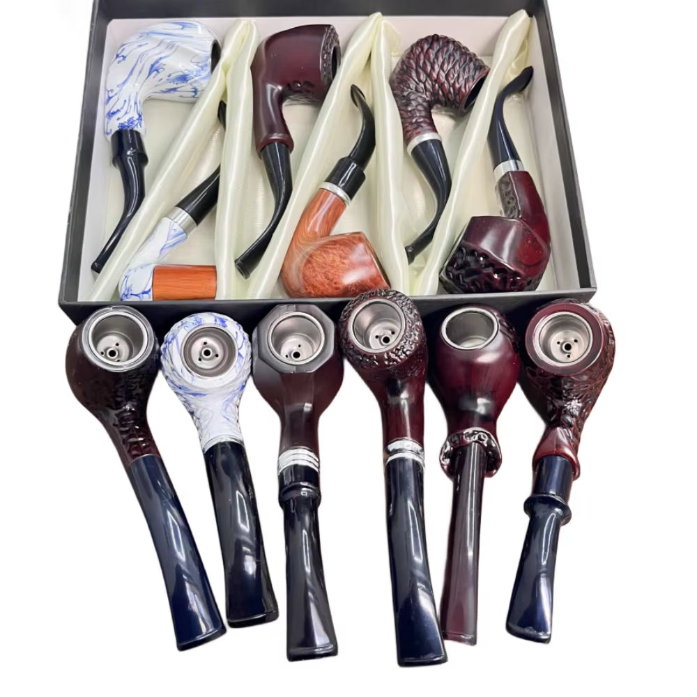 6 Pcs/Set Classic Style Wood Resin Tobacco Smoking Pipes Best Gift for Grandfather Boy Friend Father