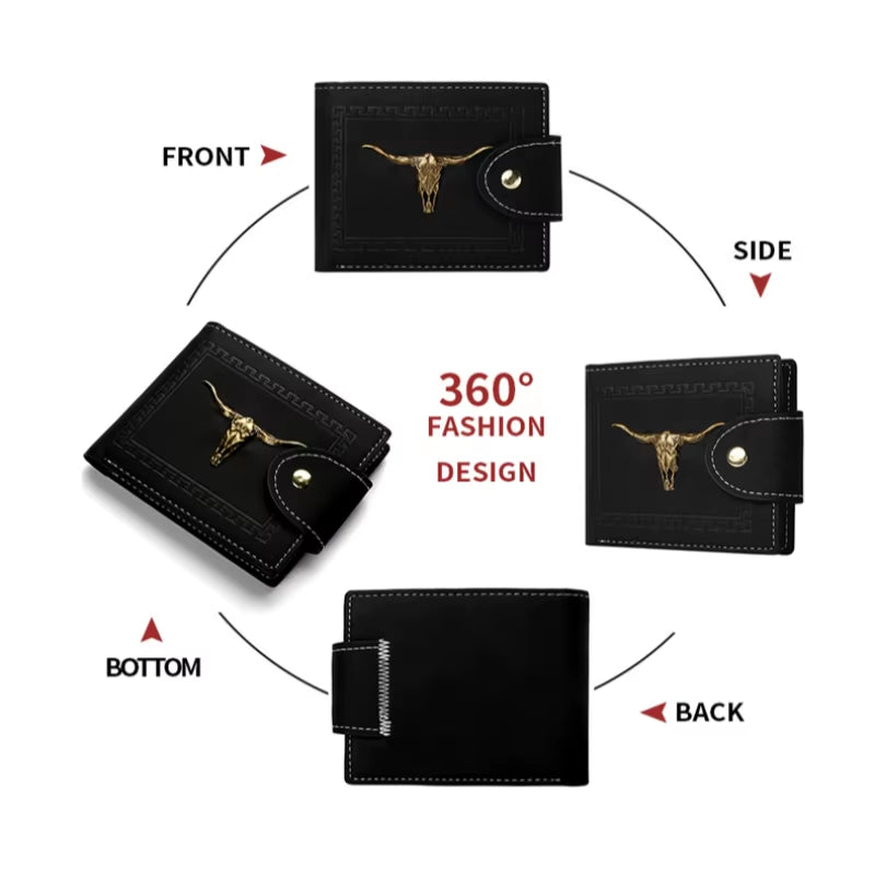 Fashion Oxhead Wallet for Men, Zipper Snap Coin Credit Card Bag, Frosted Leather Clip for Men Gift