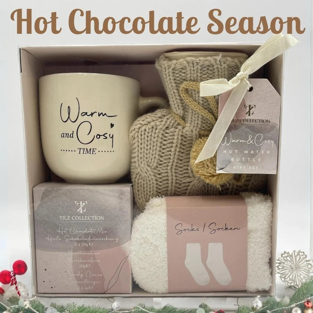Hot Chocolate Gift Set with Mug, Socks, and Mini Winter Hot Water Bottle
