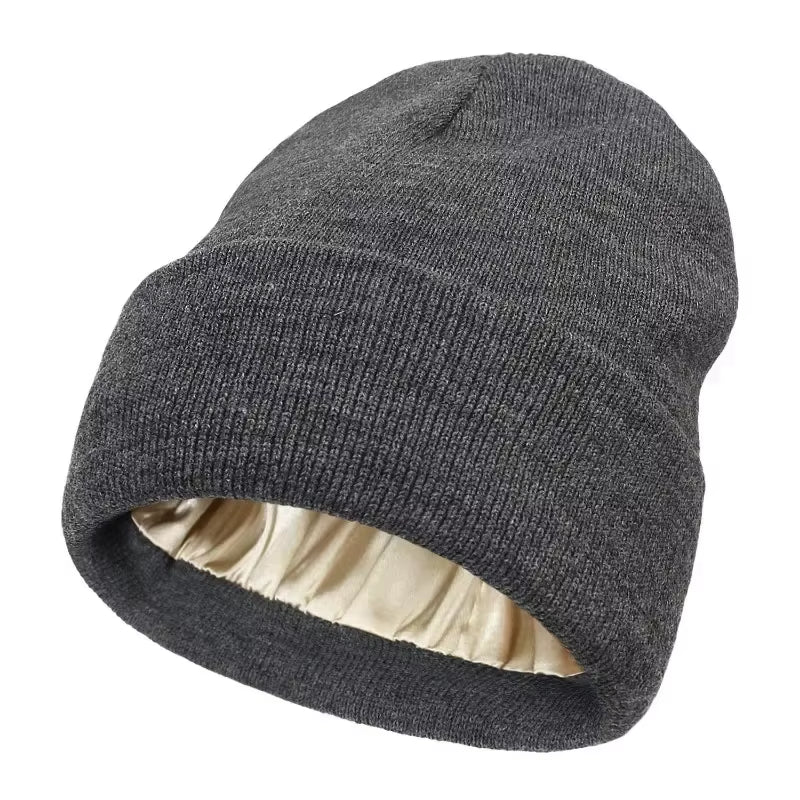 New Unisex Winter Hat Silk Satin Lined Beanies Men and Women Two-Sided Protective Hair Style Warm Knitted Hat Woolen Hat