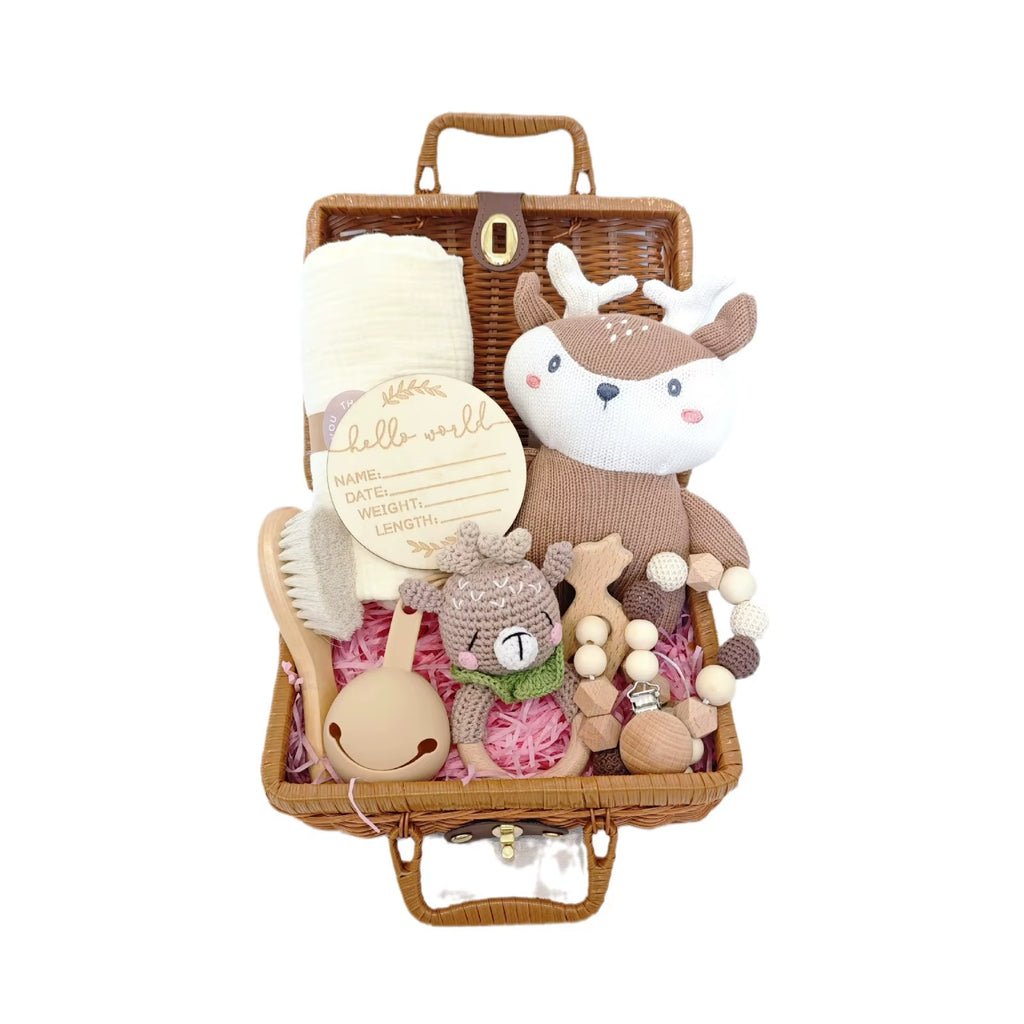 Baby Shower Gift Set with Deer Teething Pacifier Chain Baby Rattle Toys Blanket New Born Baby Gift Set